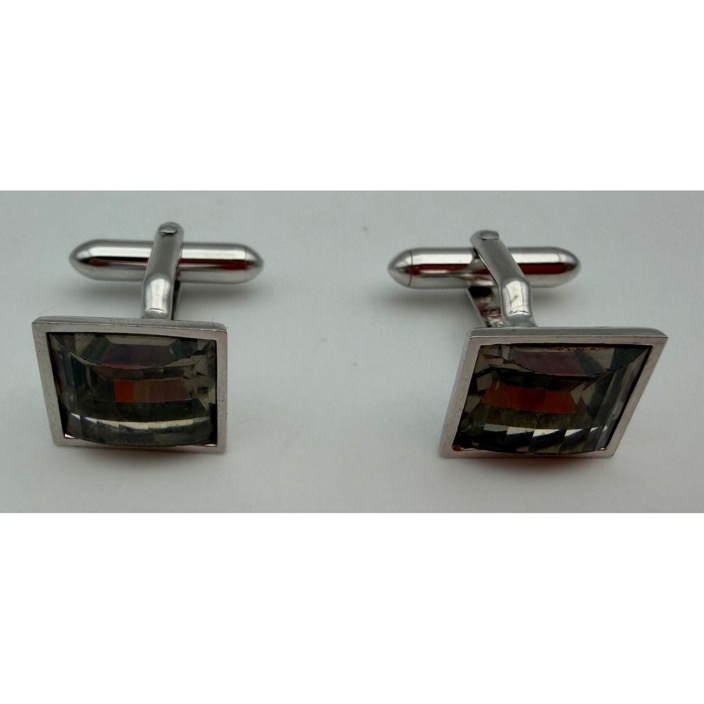 Swank Vintage Mens Smoky Grey Glass Silver Tone Rectangular Cufflinks Q008